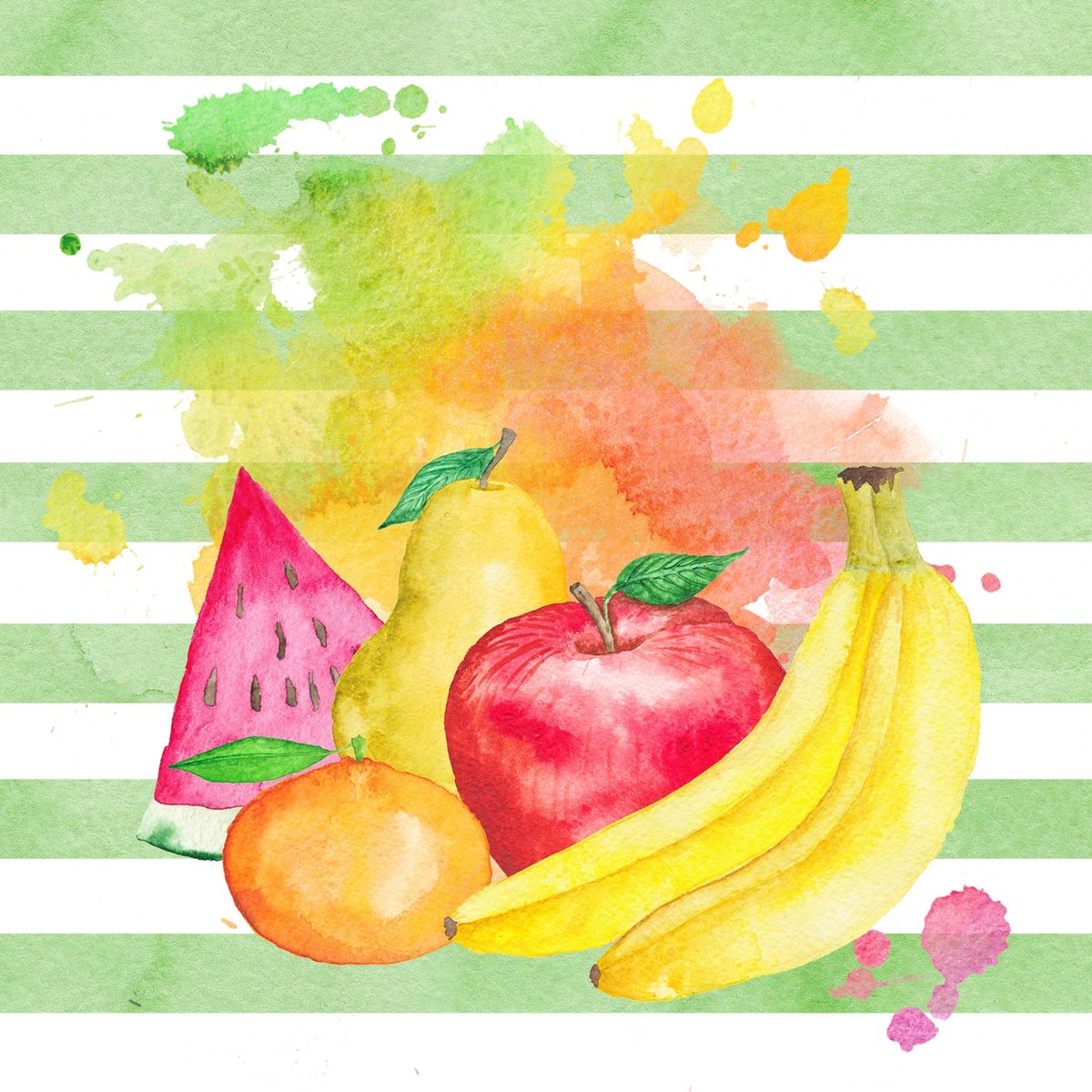 watercolor-fruits-on-green-stripes-fabric