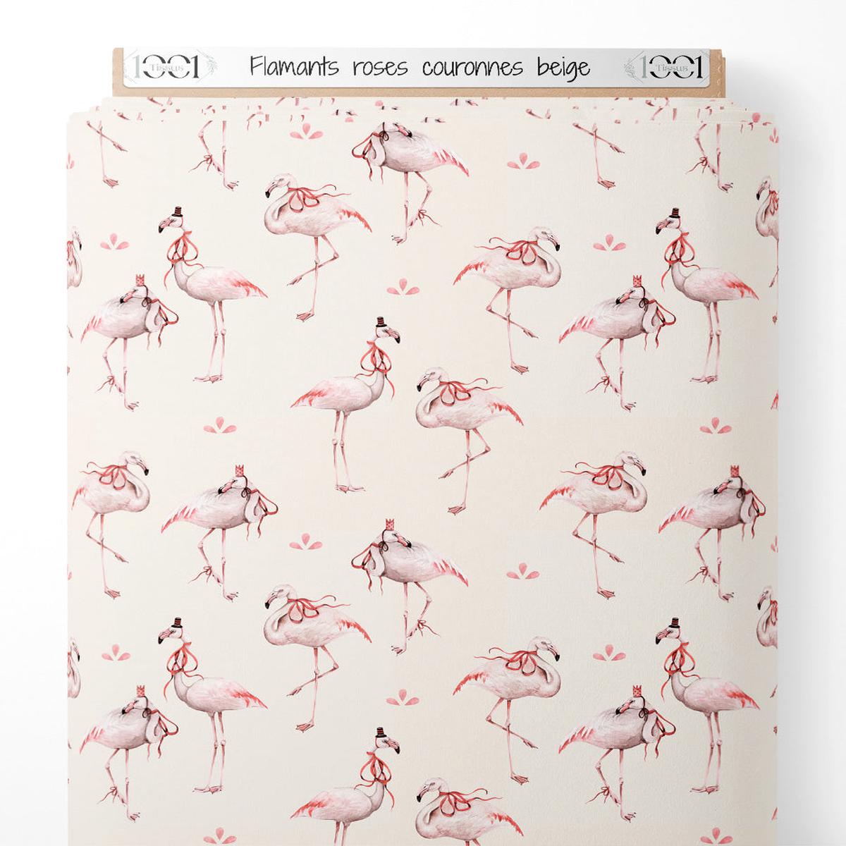 tissu-flamants-roses-couronns-beige