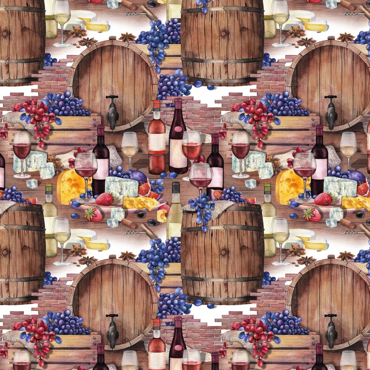 wine-barrels-grapes-cheese-fabric-red