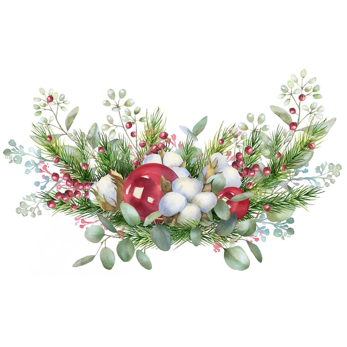 christmas-night-holly-berry-bouquet-fabric-panel-white