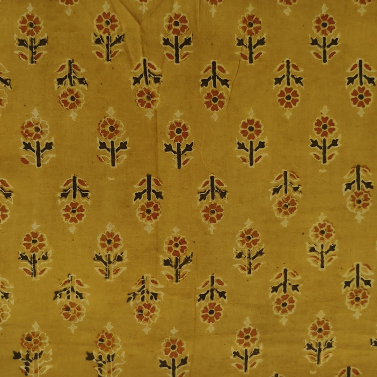 pure-cotton-ajrak-turmeric-dyed-with-small-all-over-floral-motifs-hand-block-print-fabric