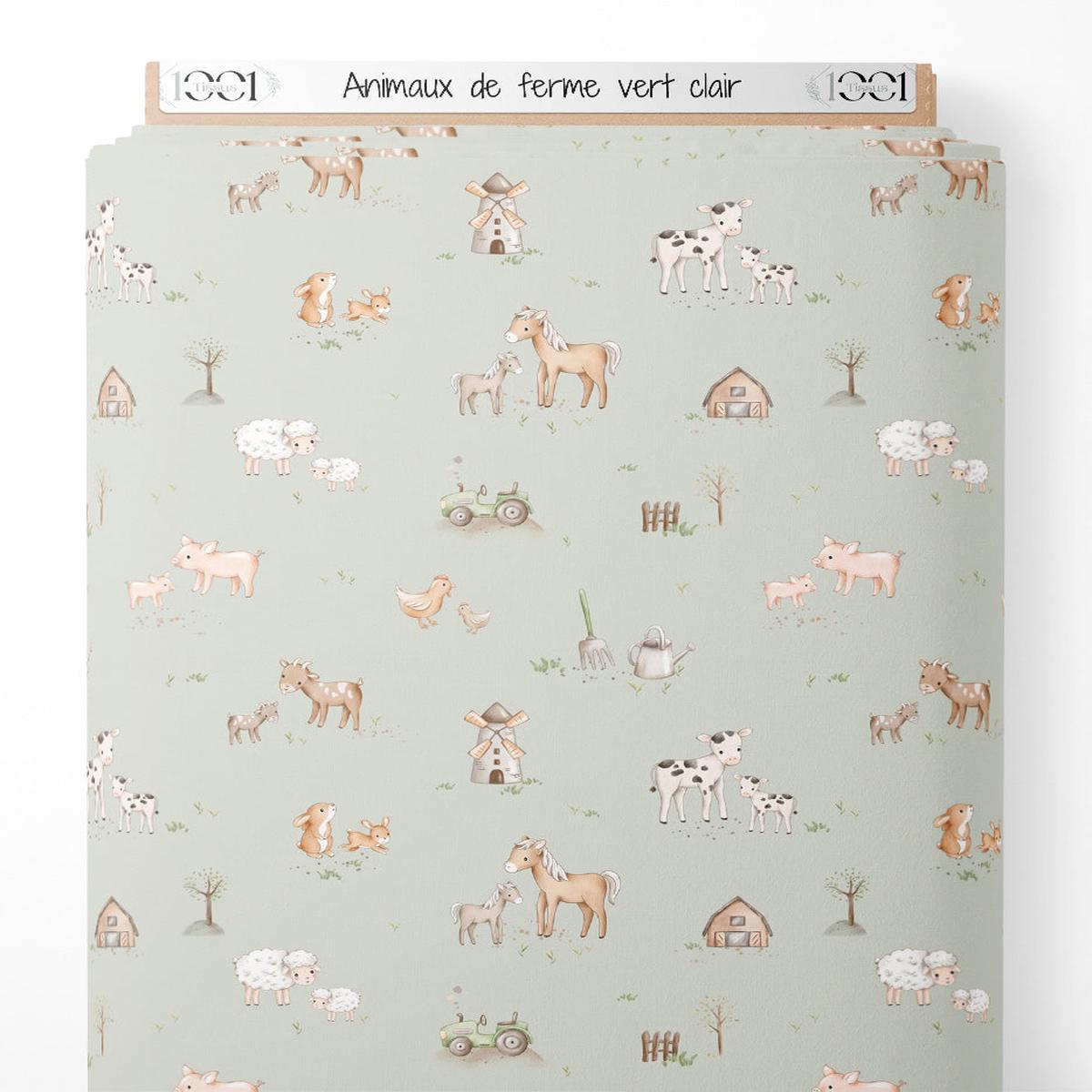 tissu-animaux-de-ferme-vert-clair