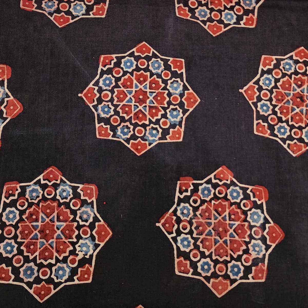 pure-cotton-ajrak-black-with-red-and-blue-big-flower-intricate-design-hand-block-print-fabric