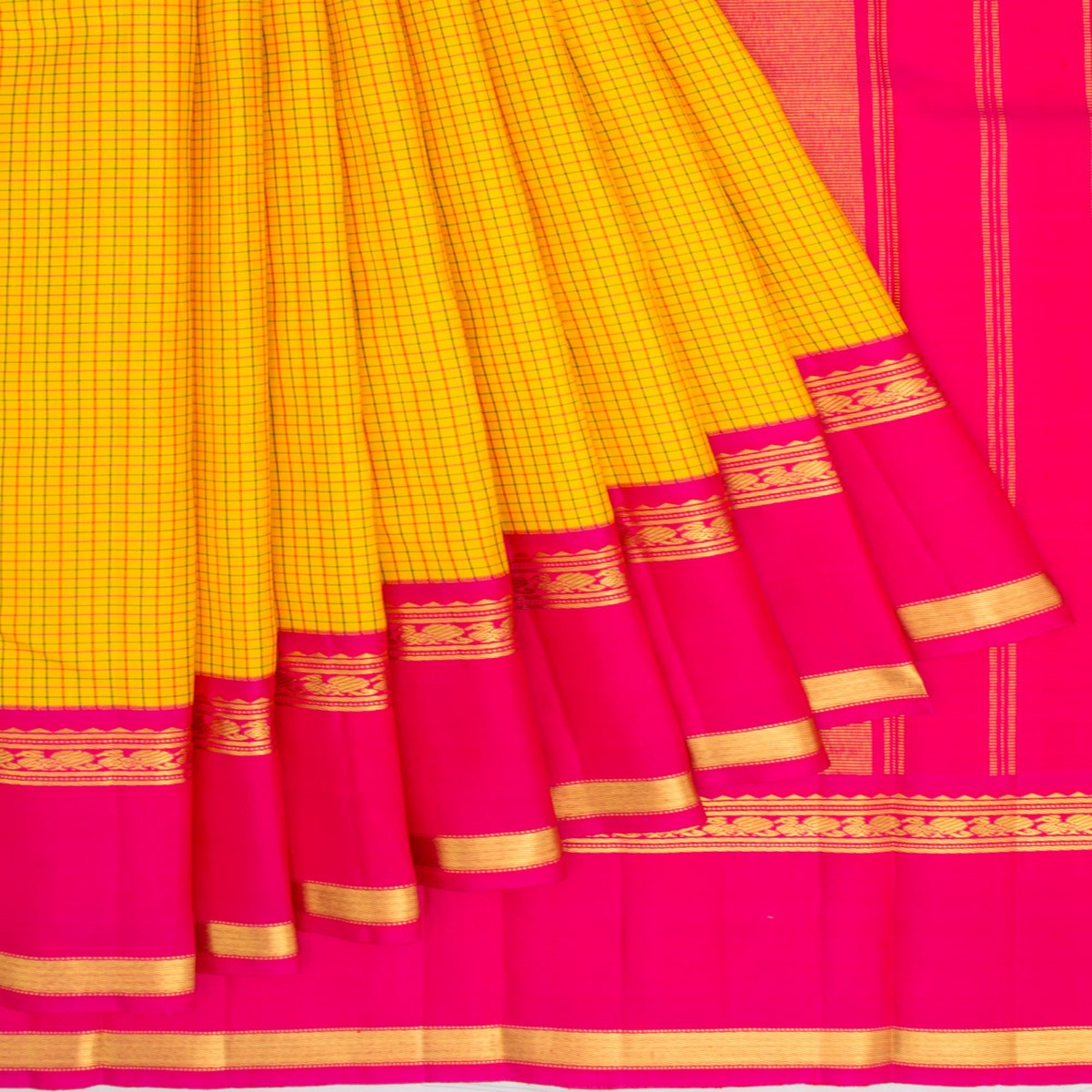 kanchipuram-silk-checks-yellow-saree-with-ganga-jamuna-border