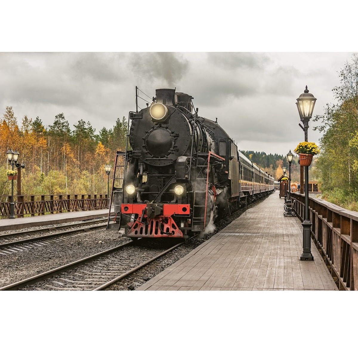 realistic-steam-train-departing-station-fabric-panel