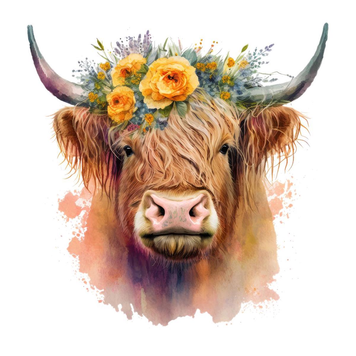 watercolor-floral-highland-cow-11-fabric-panel