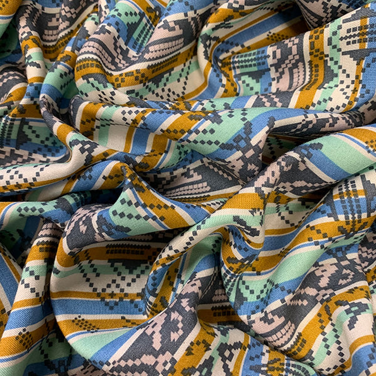 6-1-2-yd-pc-blue-and-gold-multi-stripe-print-rayon-challis-fabric
