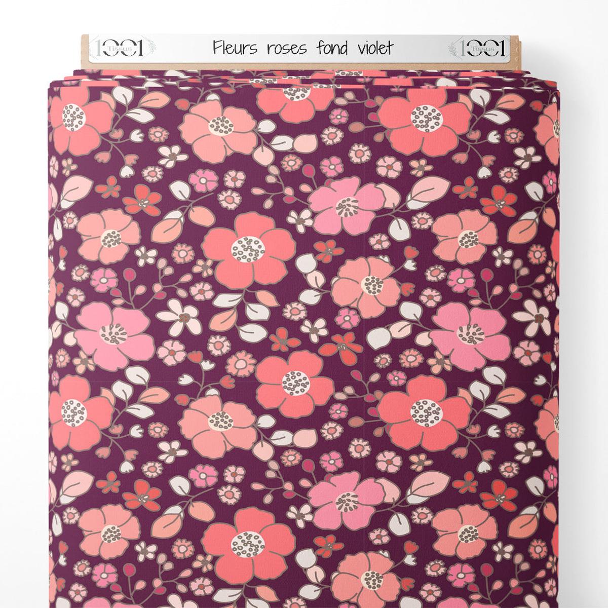 tissu-fleurs-roses-sur-fond-violet