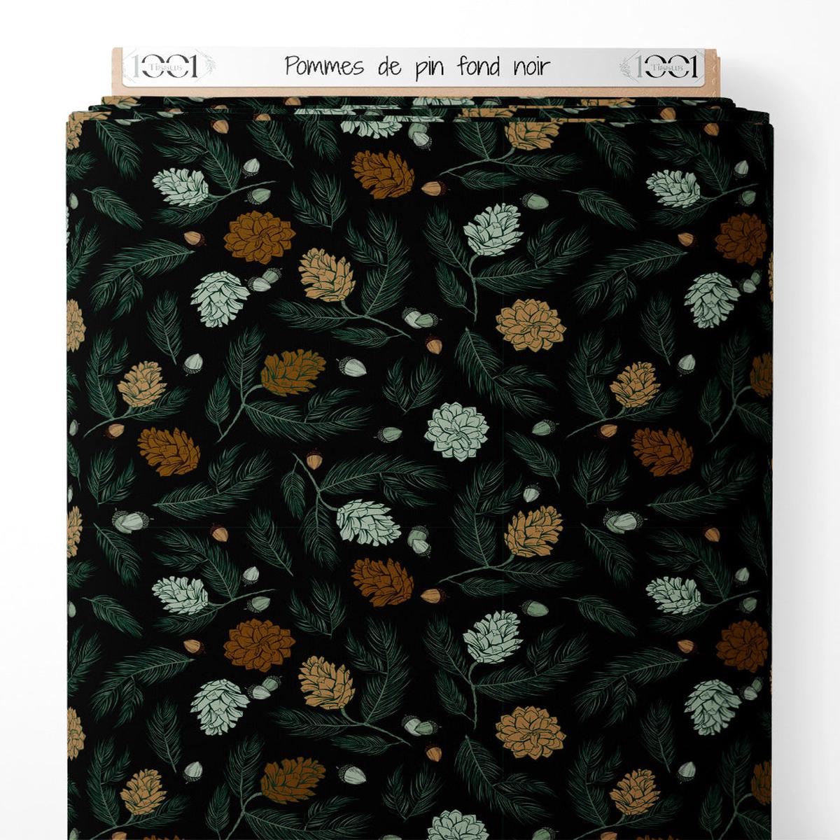 tissu-pommes-de-pin-sur-fond-noir