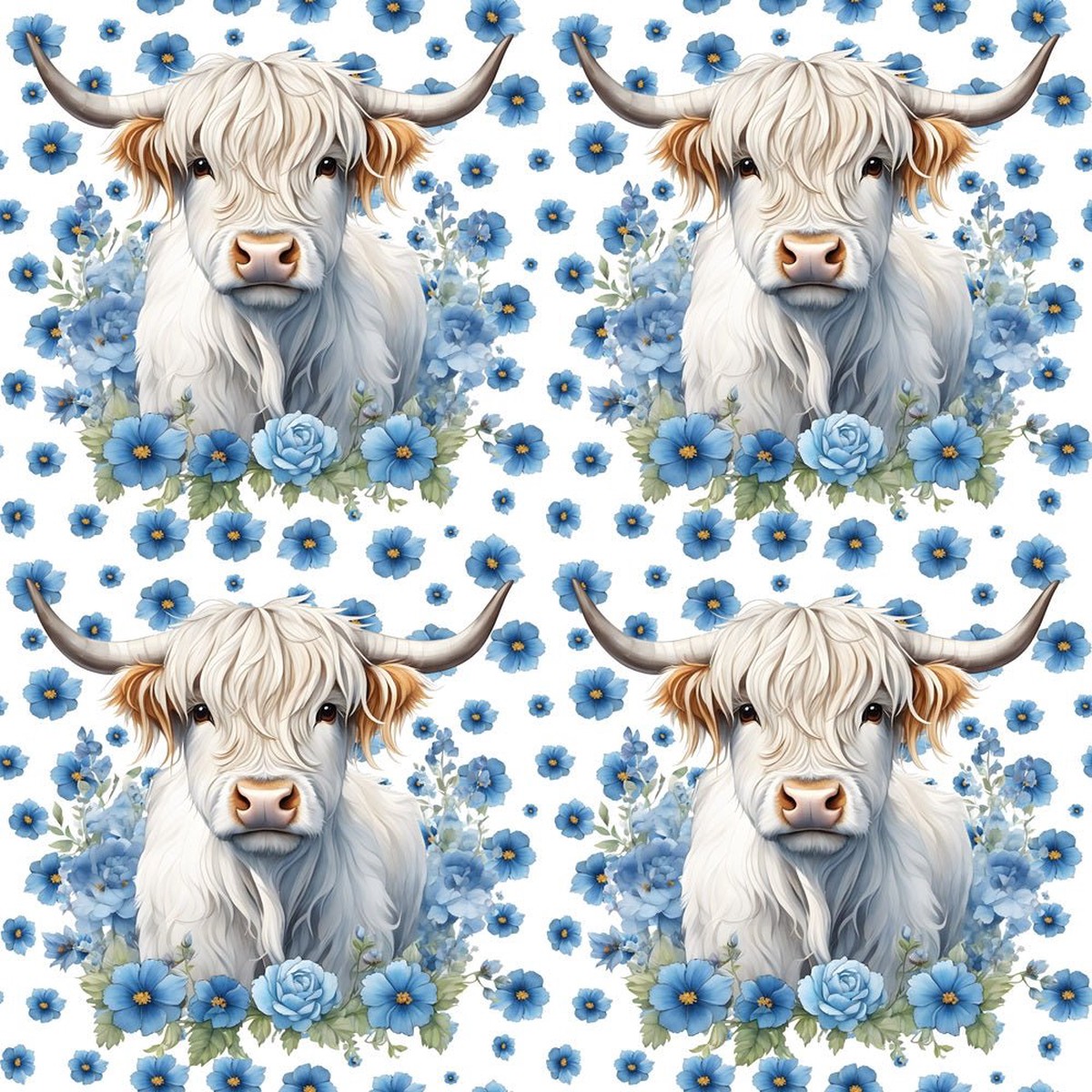 white-highland-cows-flowers-fabric-blue