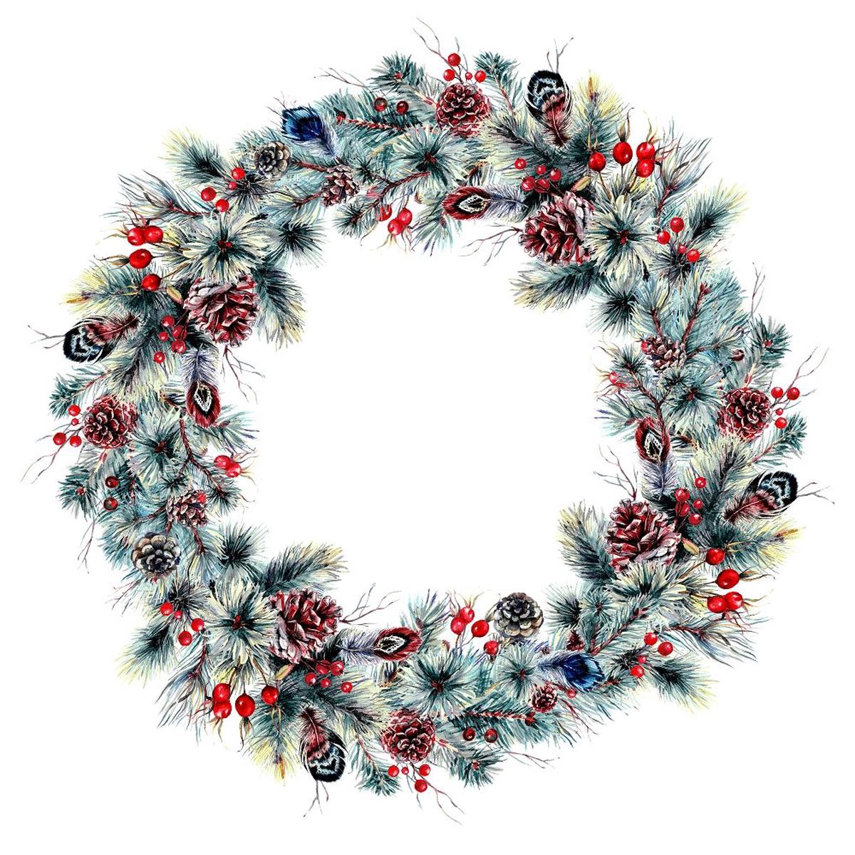 lush-pine-branches-feathers-berries-fabric-panel