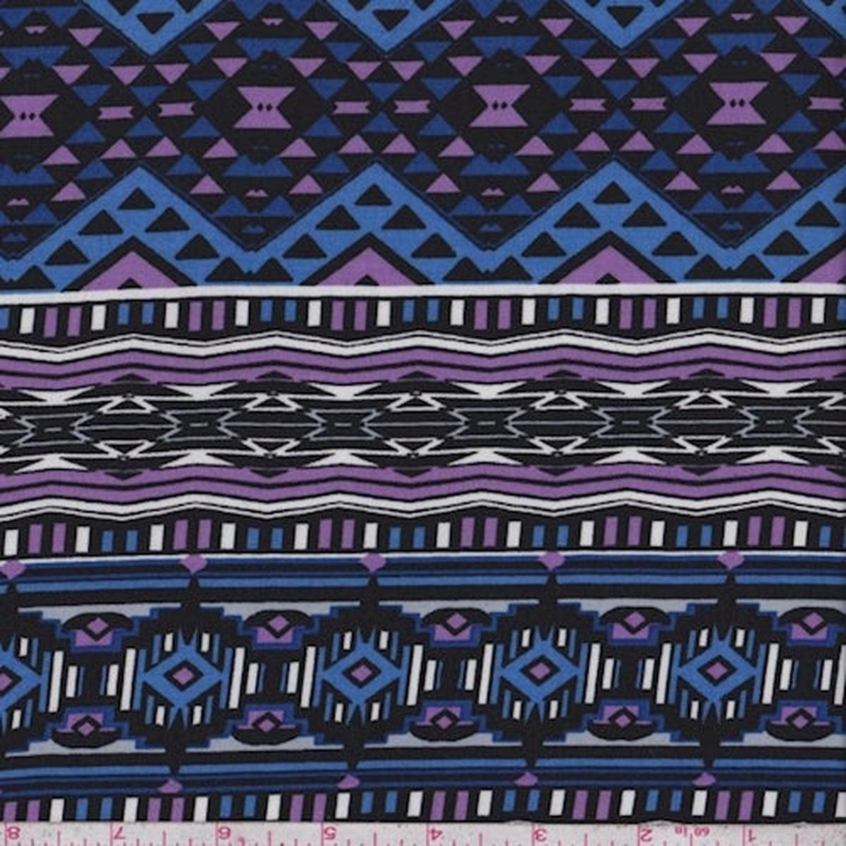 1-yd-pc-black-cobalt-lilac-southwest-stripe-rayon-challis-fabric