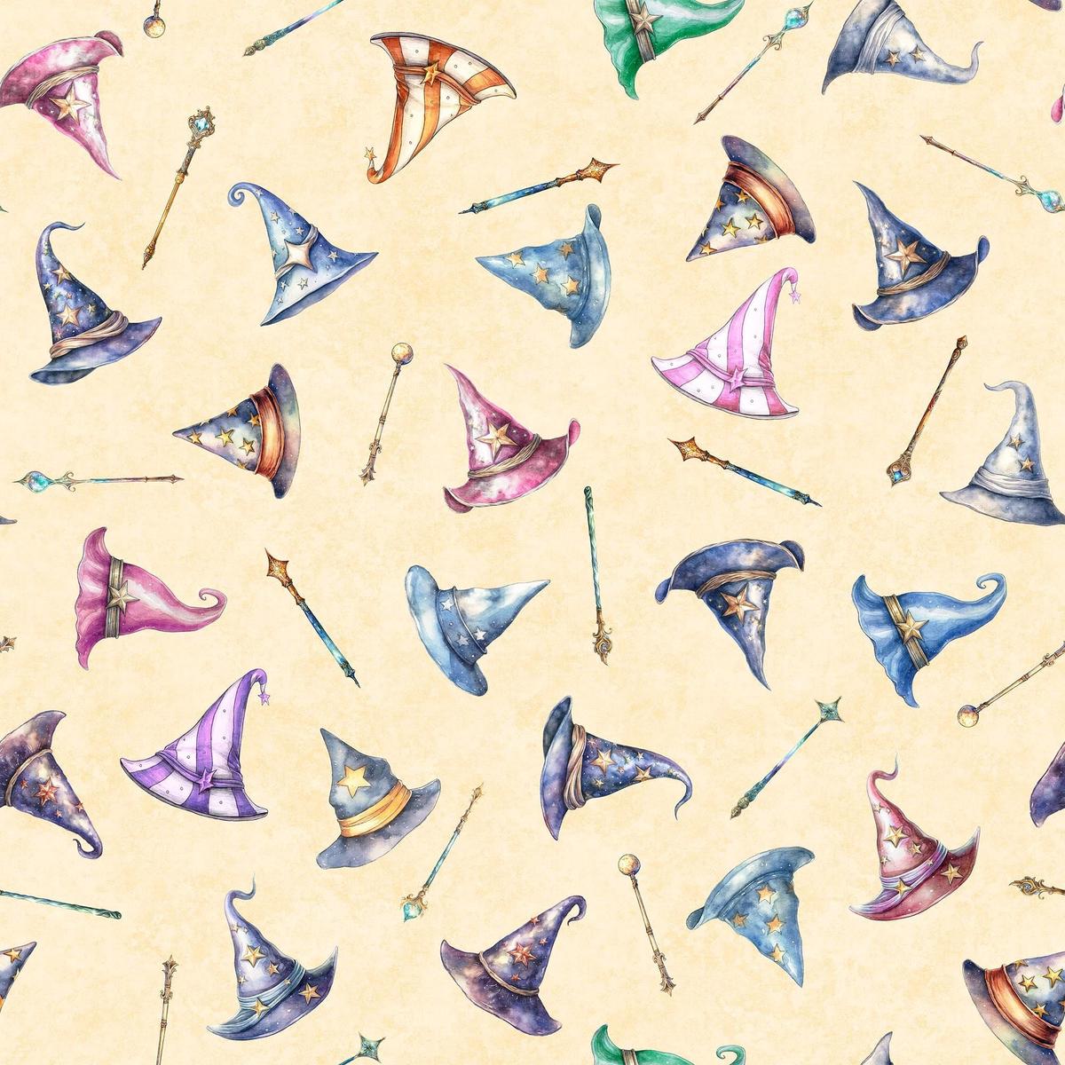 10-end-of-bolt-sale-lil-wizards-hat-toss-30552-cream-qt-fabrics-hats-magic-wands-quilting-cotton-fabric