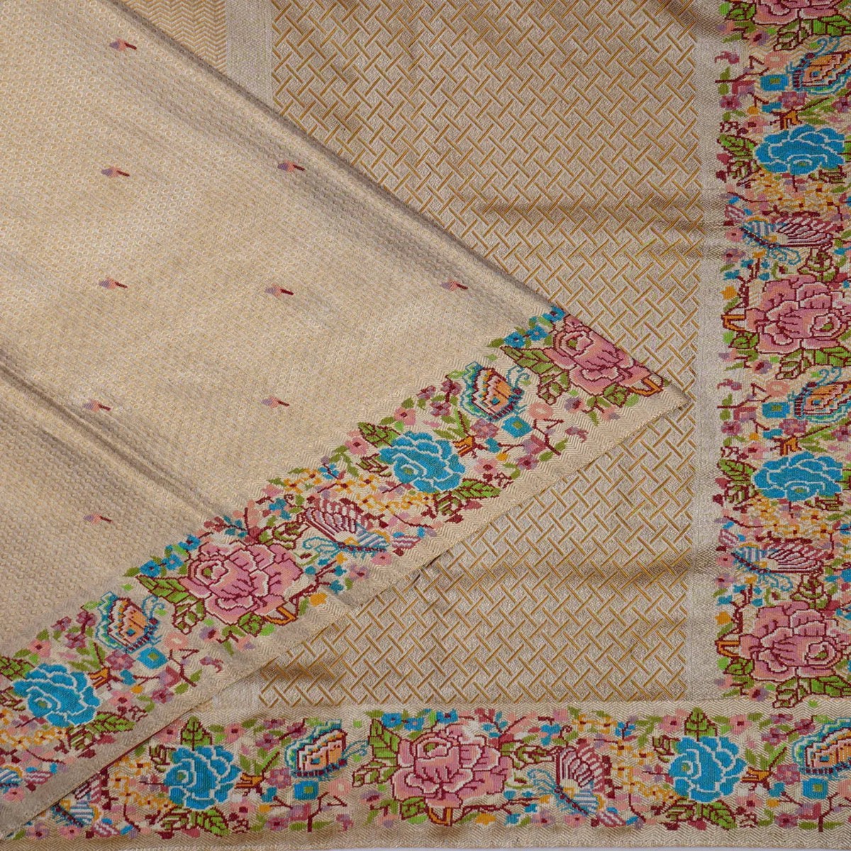 kanchipuram-silk-tissue-embroidery-butta-gold-saree-with-embroidery-border