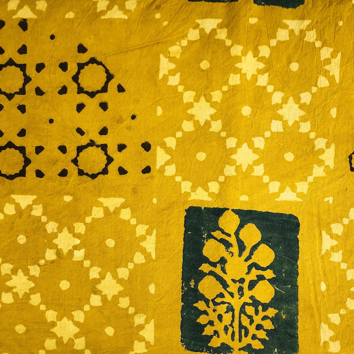 pure-cotton-ajrak-yellow-with-cream-and-black-with-green-different-block-patches-hand-block-print-fabric
