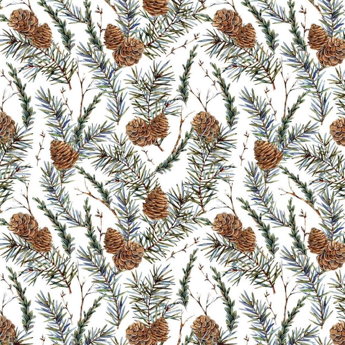 watercolor-sprig-of-fir-trees-pinecones-fabric-white