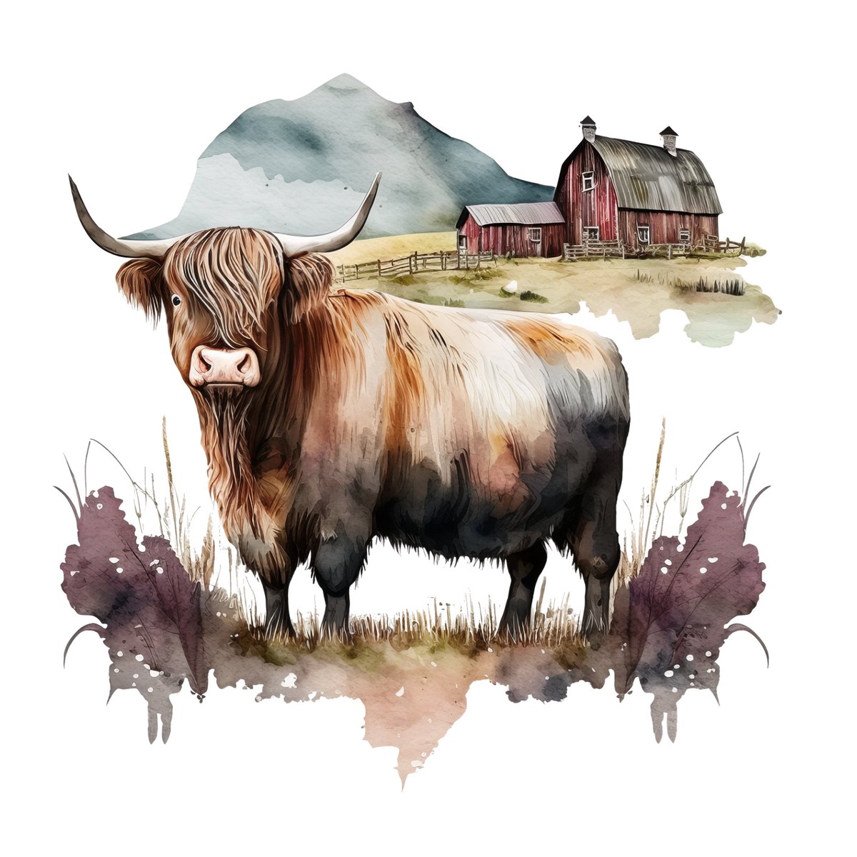 watercolor-highland-cow-scene-11-fabric-panel