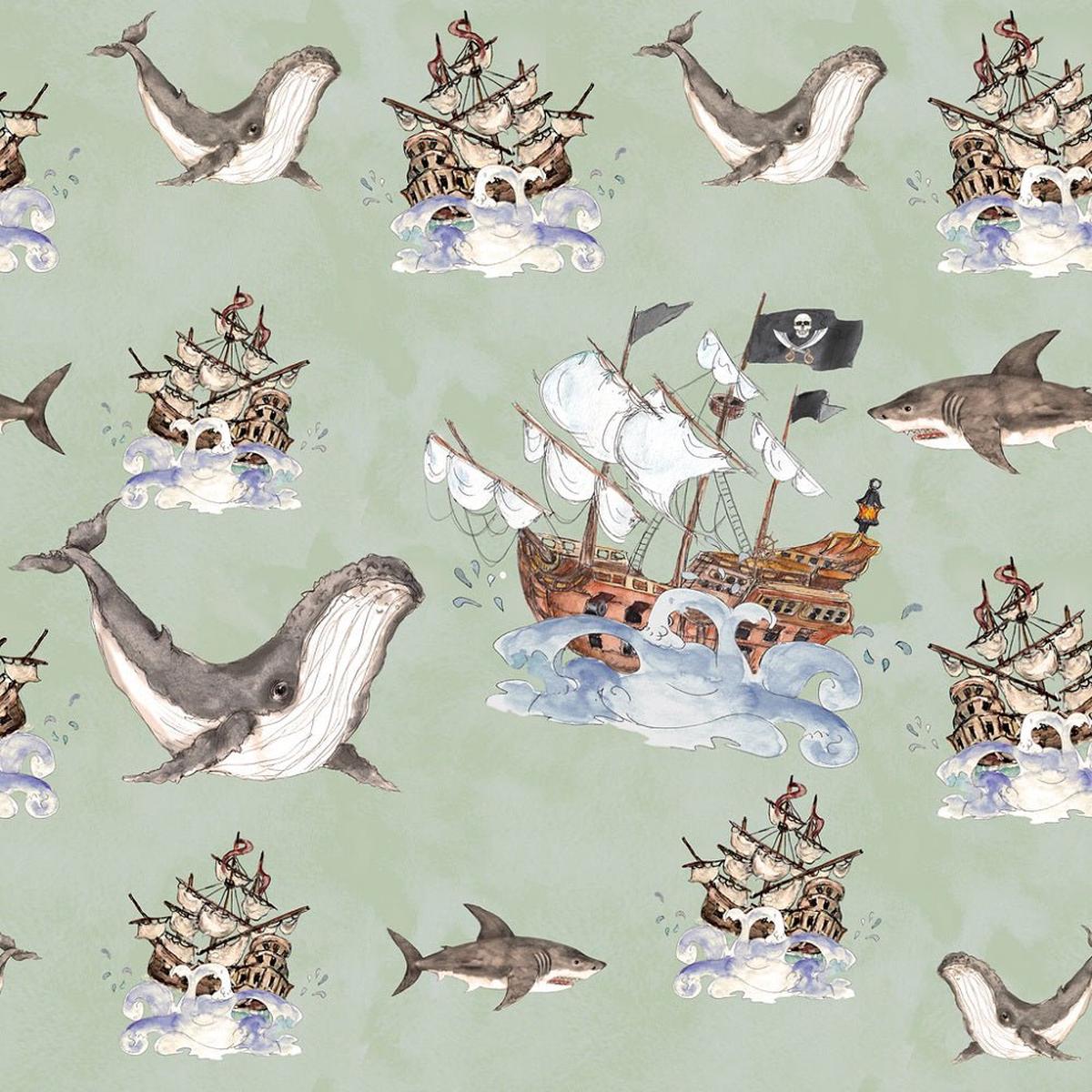 pirate-adventure-ship-on-the-sea-fabric-antique-green
