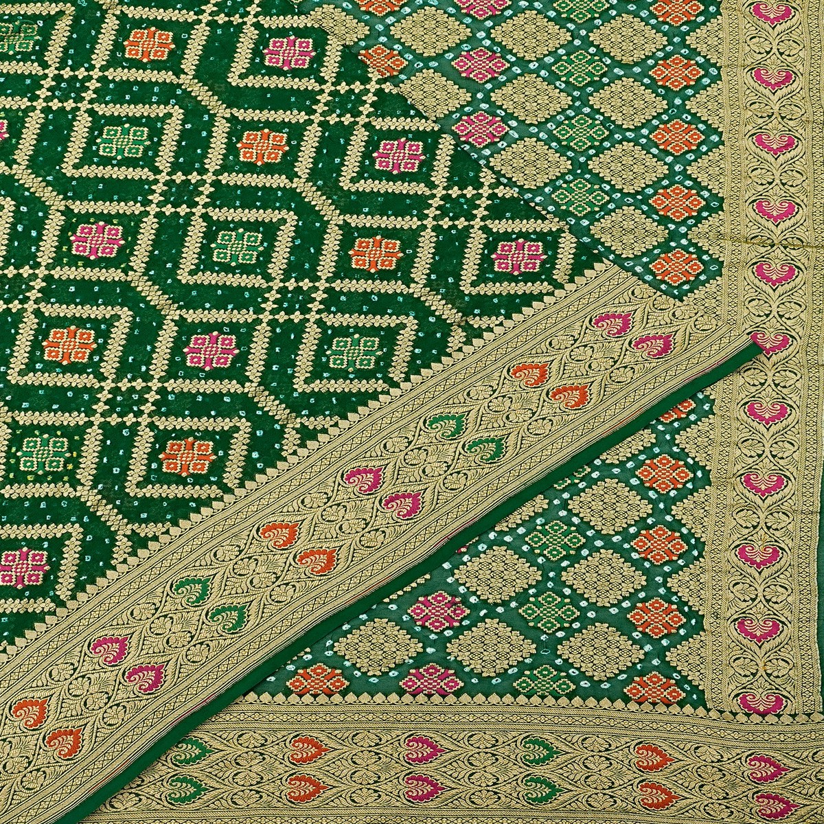 banarasi-georgette-bandhani-brocade-dark-green-saree