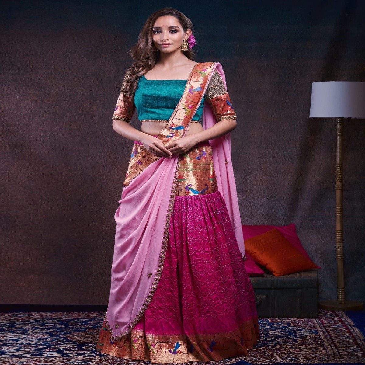 bandhani-silk-pink-lehenga-with-paithani-and-georgette-fusion