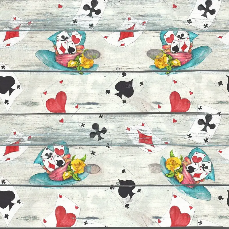 alice-in-wonderland-cards-and-hats-on-wood-fabric-gray