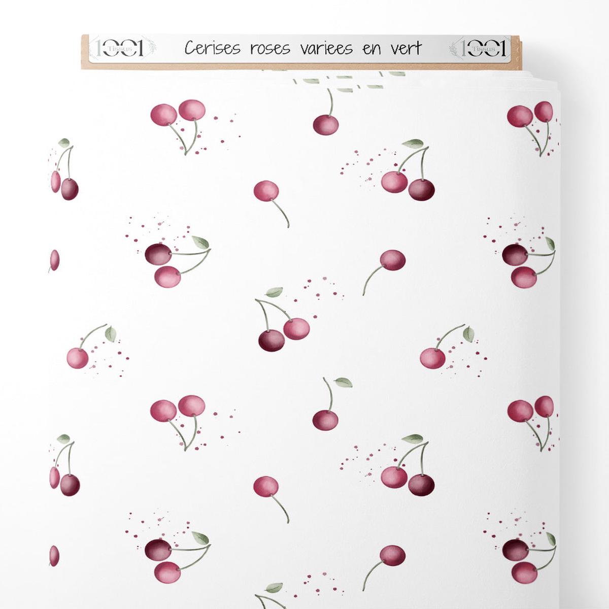 tissu-cerises-roses-varies-en-vert