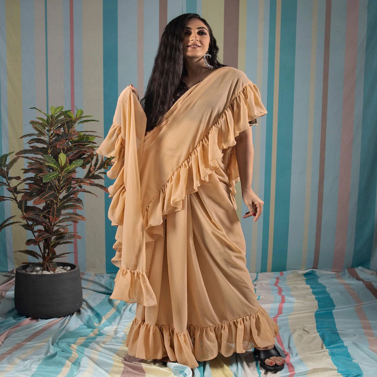 beige-plain-georgette-ruffle-saree