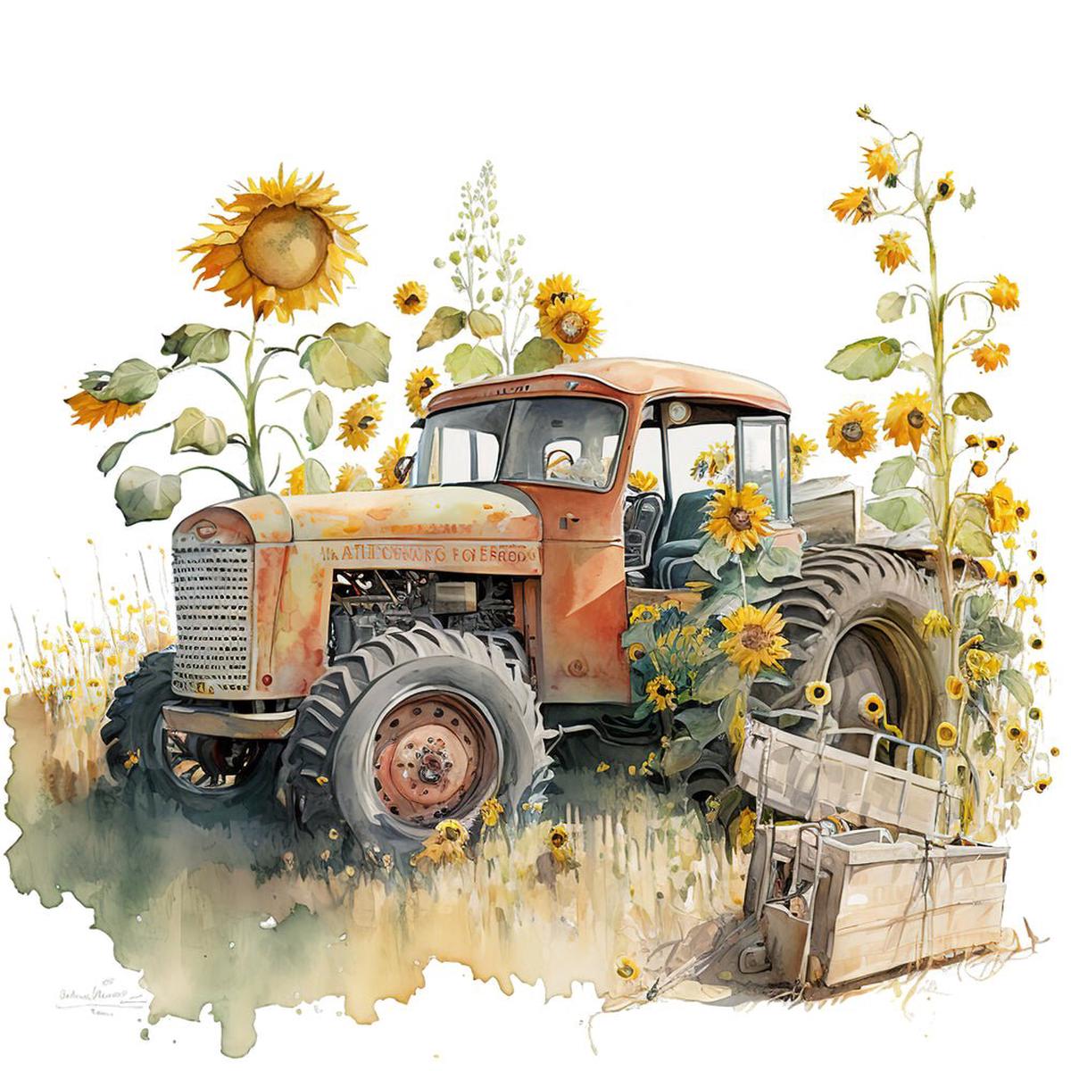 vintage-tractor-sunflowers-5-fabric-panel