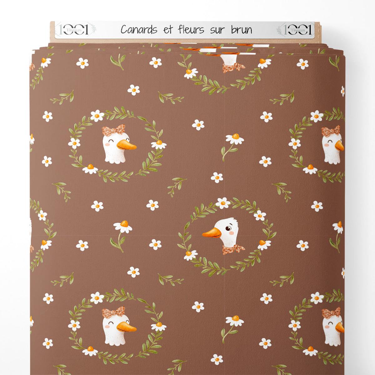 tissu-canards-et-fleurs-sur-brun