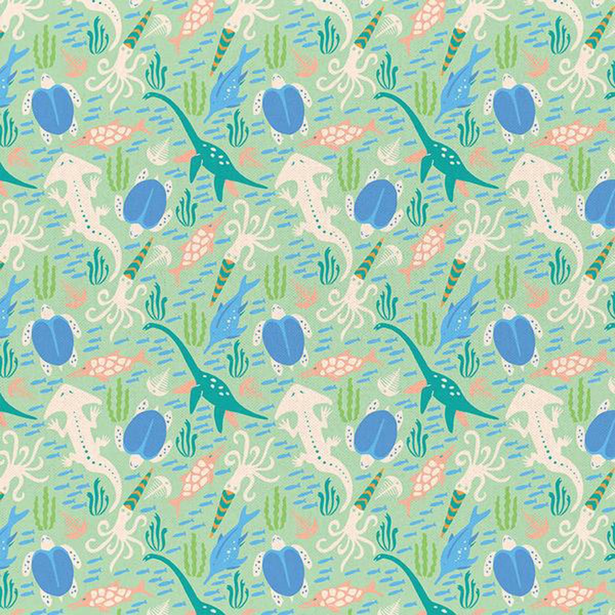 dinosaur-stories-water-dinos-mint-paintbrush-studio-cotton-fabrics-by-the-yard-45-inches-wide