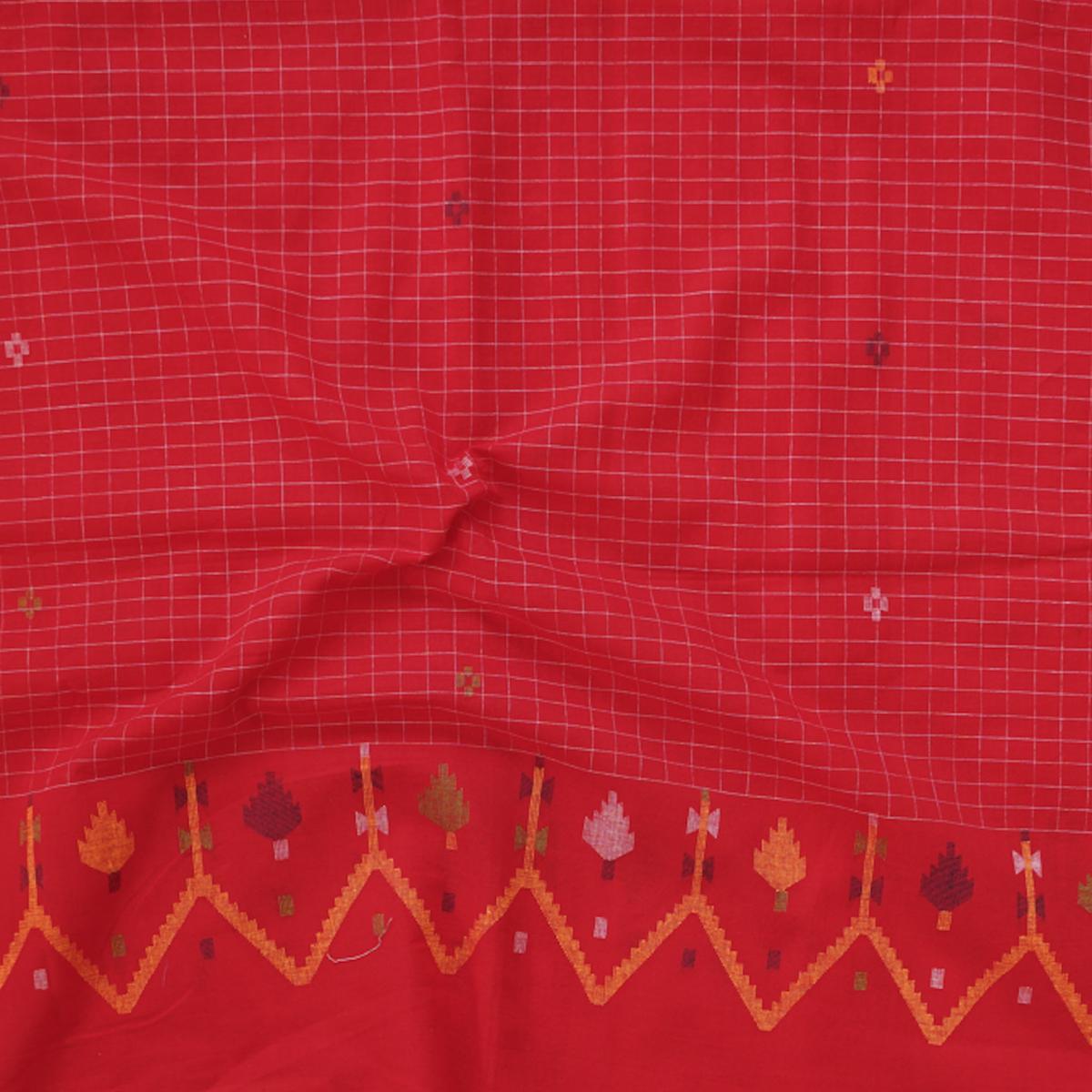 mul-jamdani-red-with-flower-motif-checks-and-border-design-woven-fabric