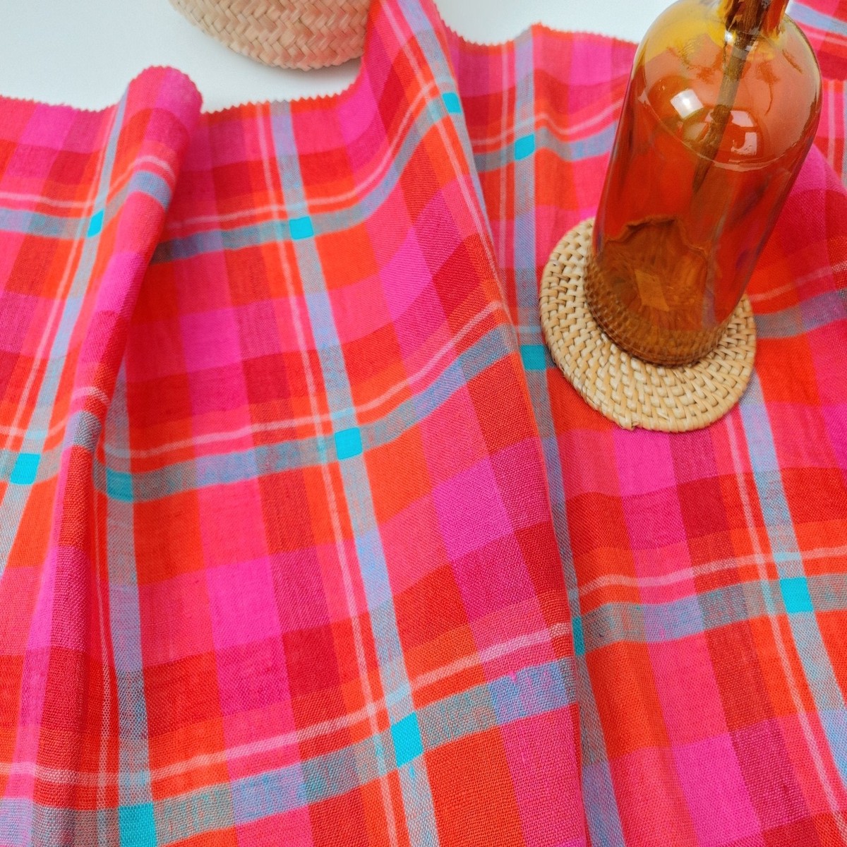 vibrant-red-madras-plaid-100-linen-fabric-medium-light-weight-7813