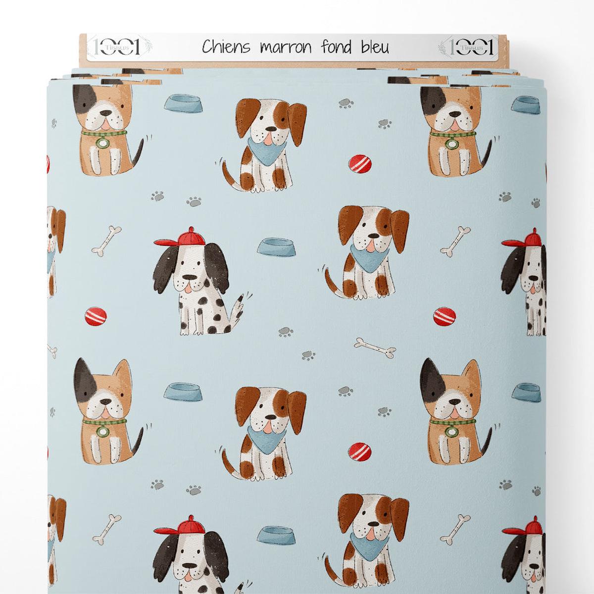 tissu-chiens-marron-sur-fond-bleu