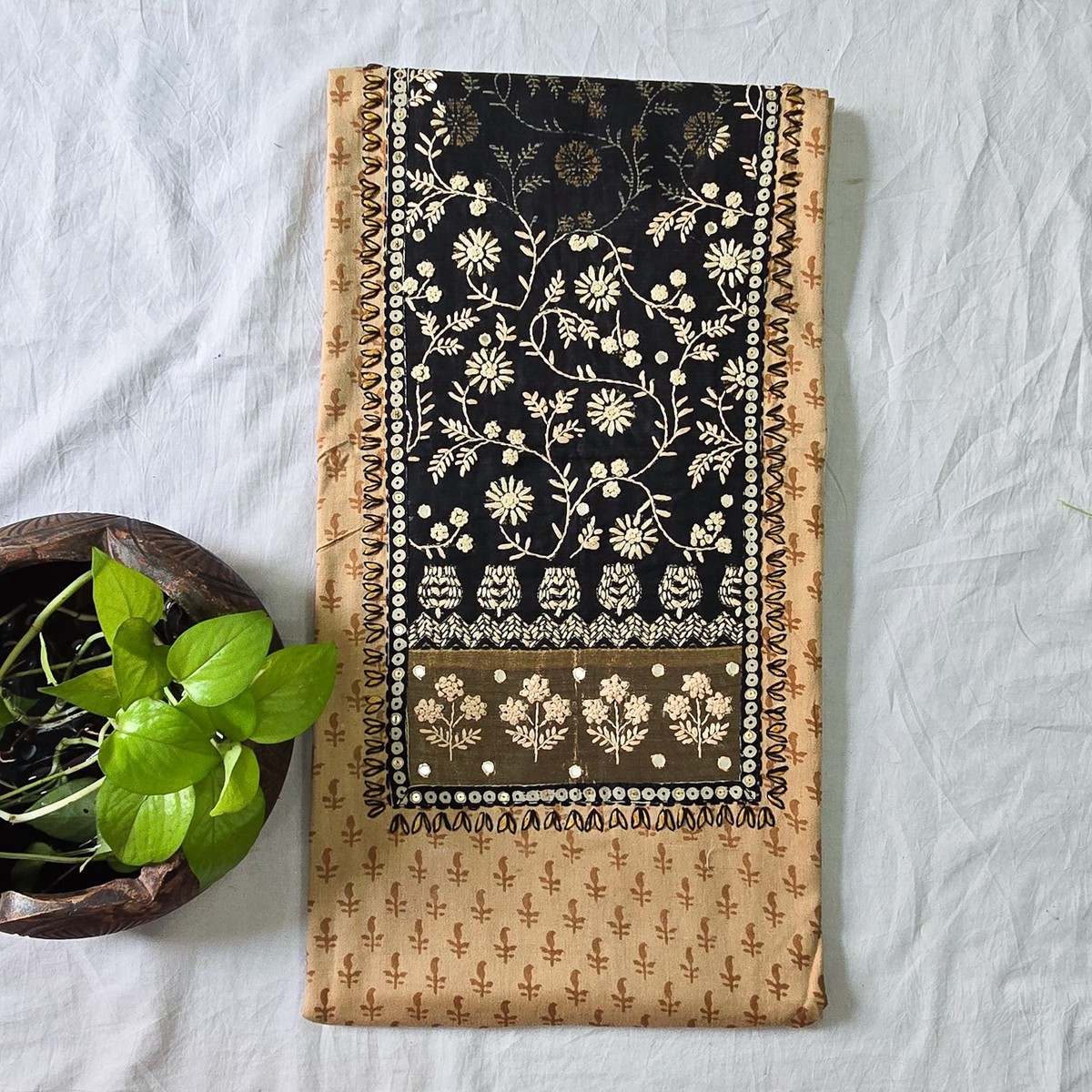 kiara-pure-cotton-cream-with-small-kairi-prints-and-black-cotton-silk-with-embroidered-yoke-embroidered-pre-design-unstitched-kurta