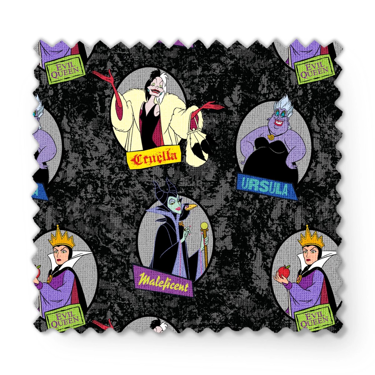 disney-villains-character-badges-on-black-fabric