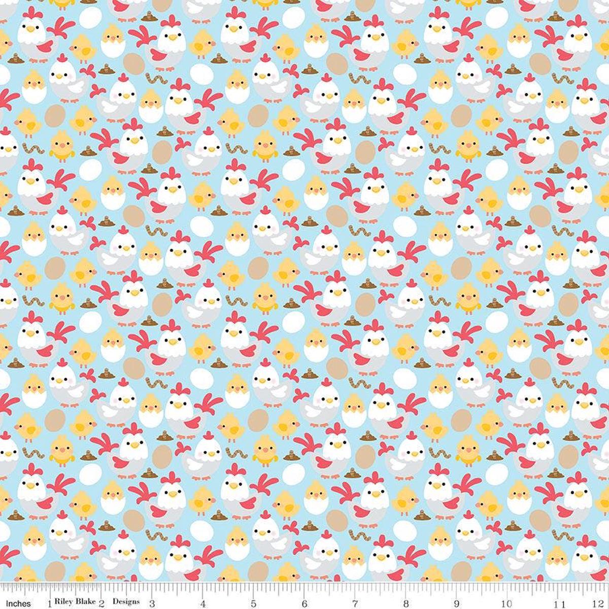 29-end-of-bolt-sale-down-on-the-farm-chickens-c10074-blue-riley-blake-children-s-juvenile-chickens-chicks-eggs-worms-quilting-cotton