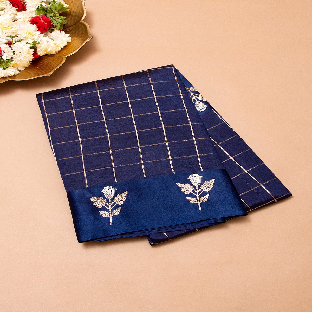 banarasi-katan-silk-checks-dark-blue-saree-with-satin-border