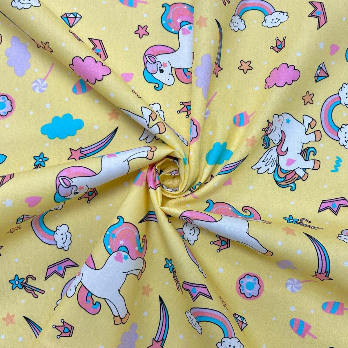 unicorns-on-yellow-rose-hubble-cotton-poplin-fabric