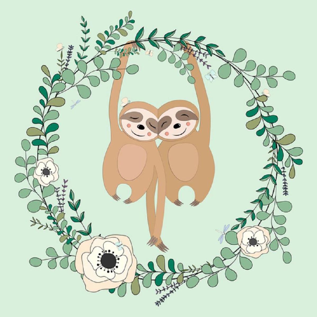 sloth-friends-on-a-eucalyptus-wreath-fabric-panel-green