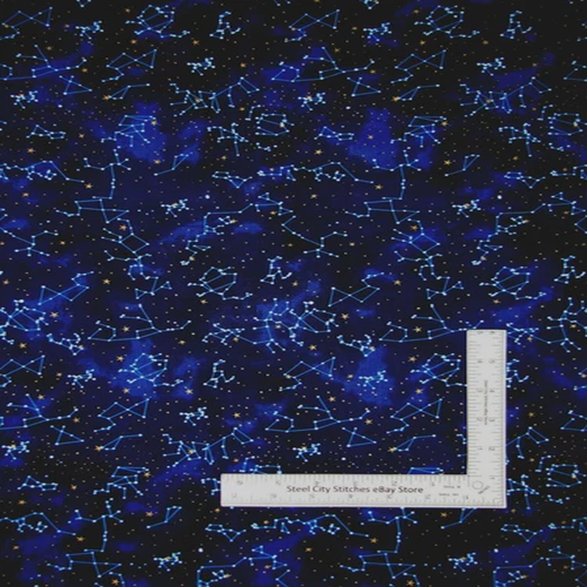 space-fabric-by-the-yard-constellations-stars-gold-accent-blue-black-cotton