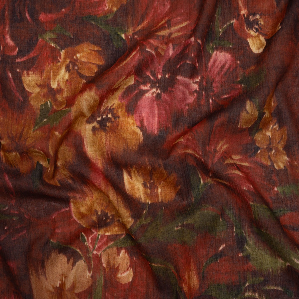 crinkled-cotton-gauzy-woven-burgundy-yellow-ochre-and-green-painterly-ikat-floral-mood-exclusive-cabernet-crocus-print