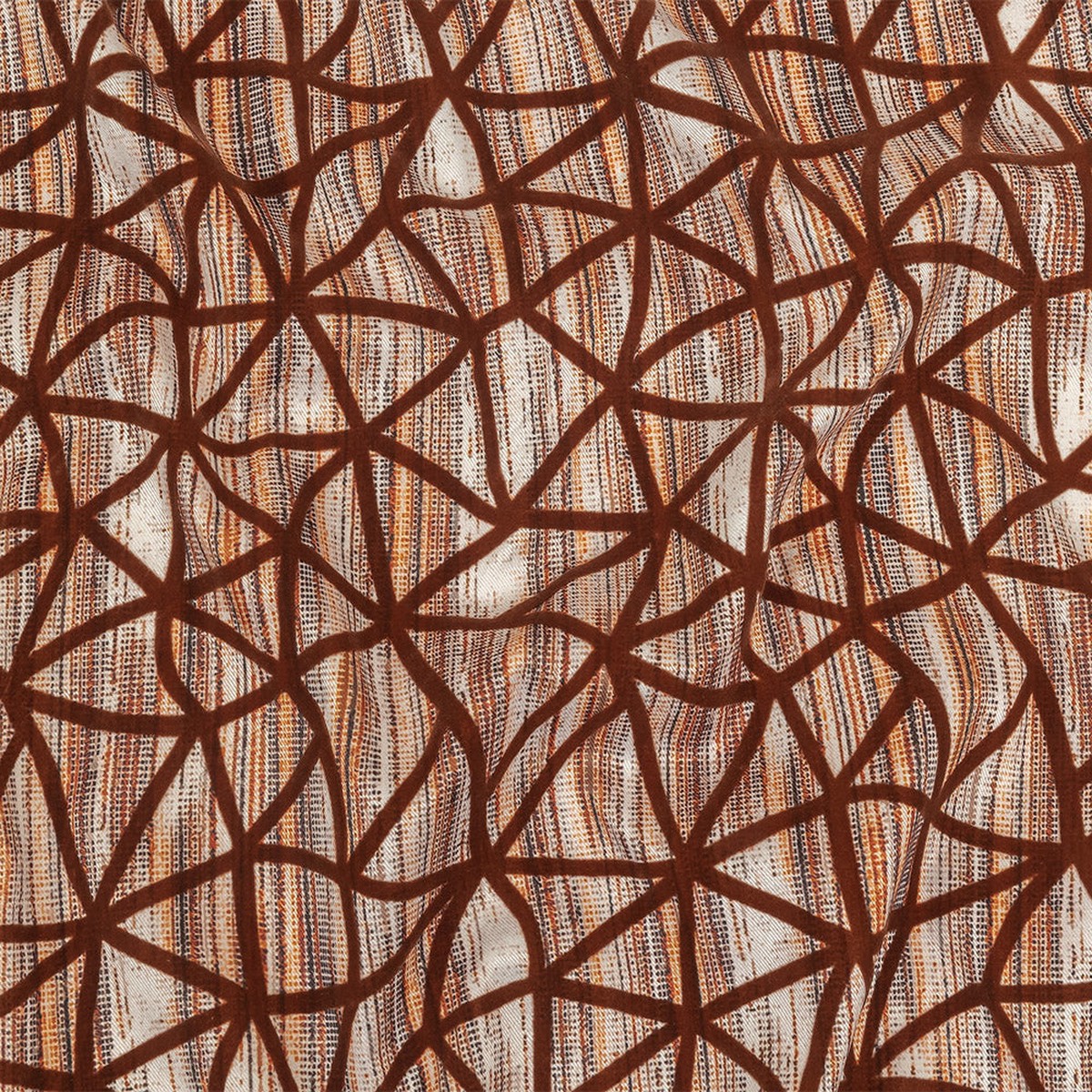 brown-flocked-geometric-web-on-brown-orange-and-white-distressed-stripes-stretch-cotton-twill