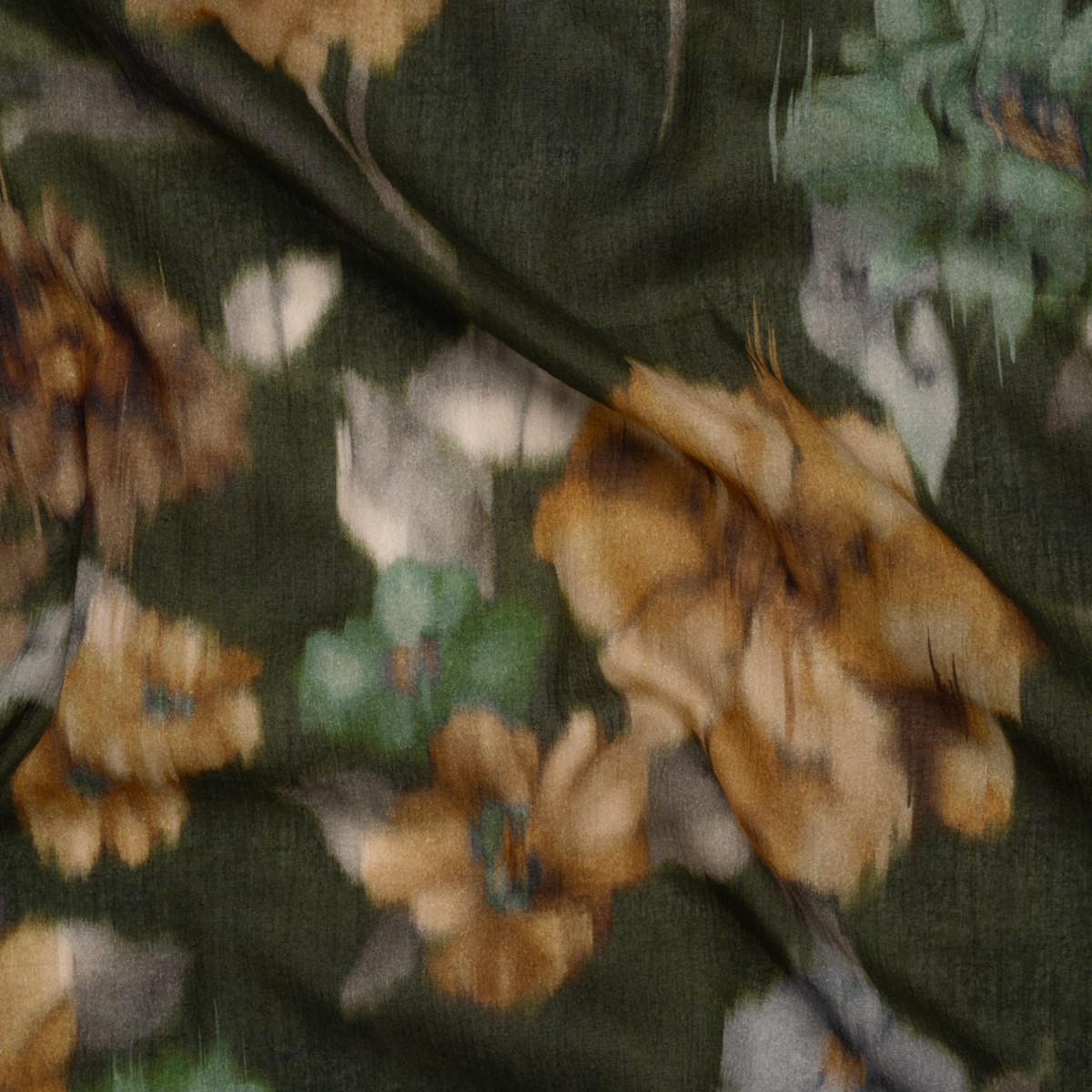 crinkled-cotton-gauzy-woven-olive-green-tan-and-gray-hazy-ikat-flowers-mood-exclusive-blurred-blooms-print
