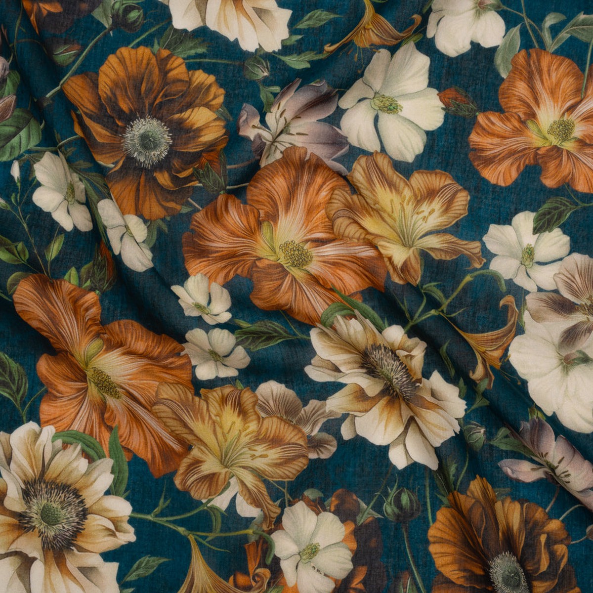 crinkled-cotton-gauzy-woven-phthalo-blue-burnt-orange-and-cream-floral-mood-exclusive-trellis-tango-print