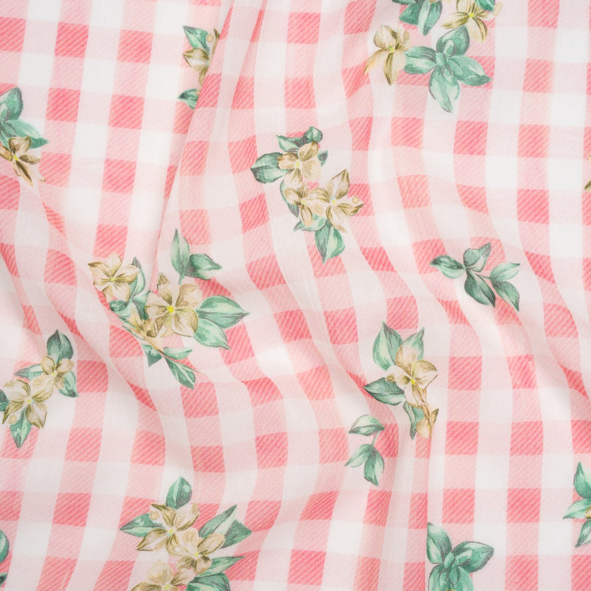 crinkled-cotton-gauzy-woven-pink-white-and-yellow-flowers-on-gingham-mood-exclusive-picnic-petals-print