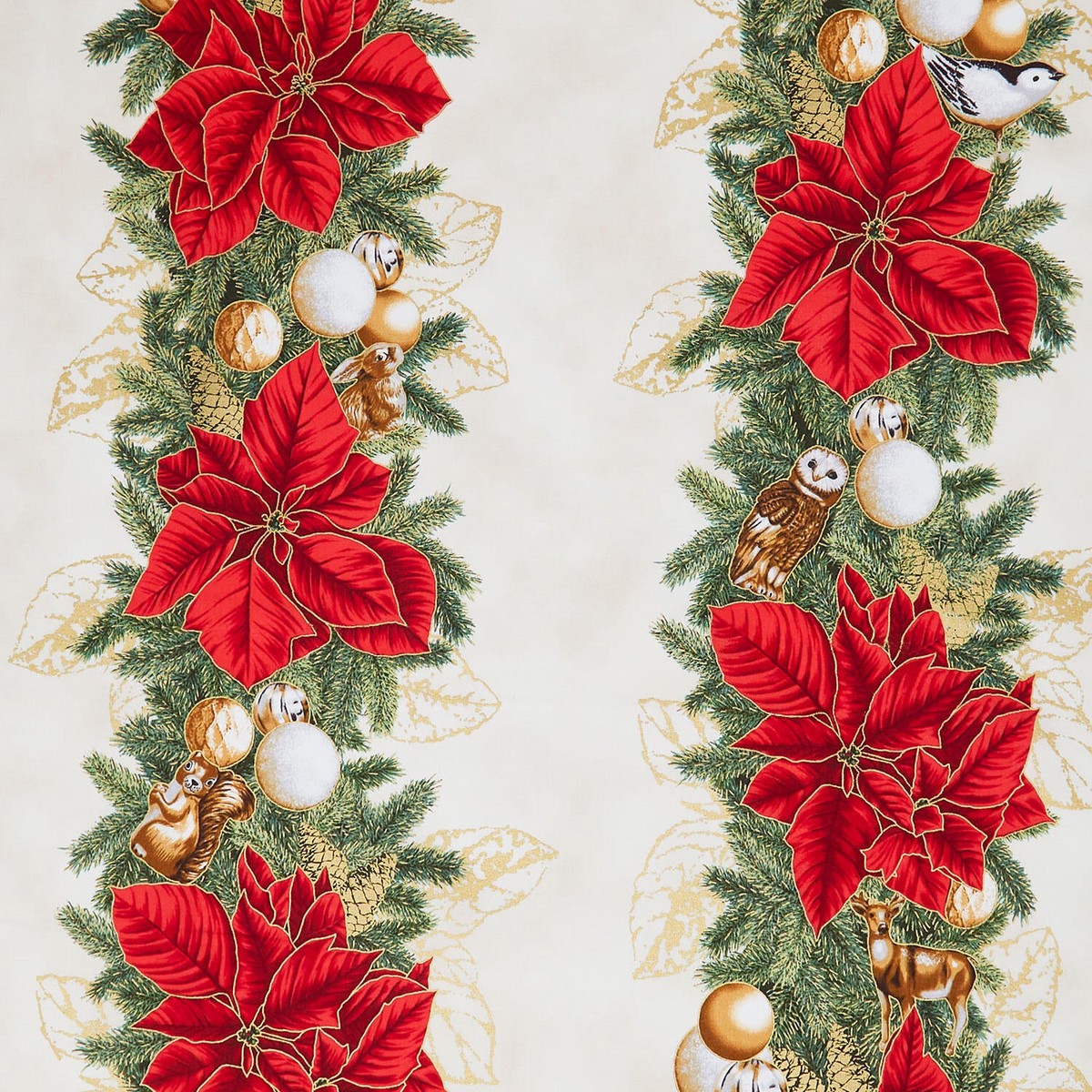 holiday-flourish-forest-glen-border-stripe-poinsettias-cream-metallic-yardage