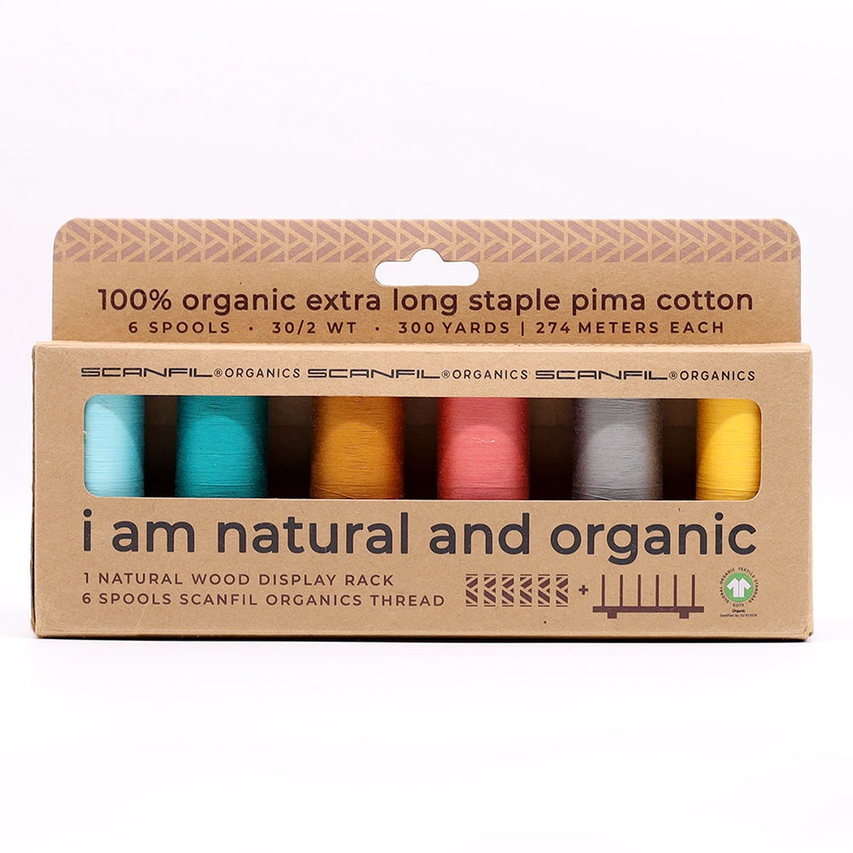 scanfil-30wt-organic-pima-cotton-thread-set-6ct-300yd-spools-wood-rack-fashion-mix