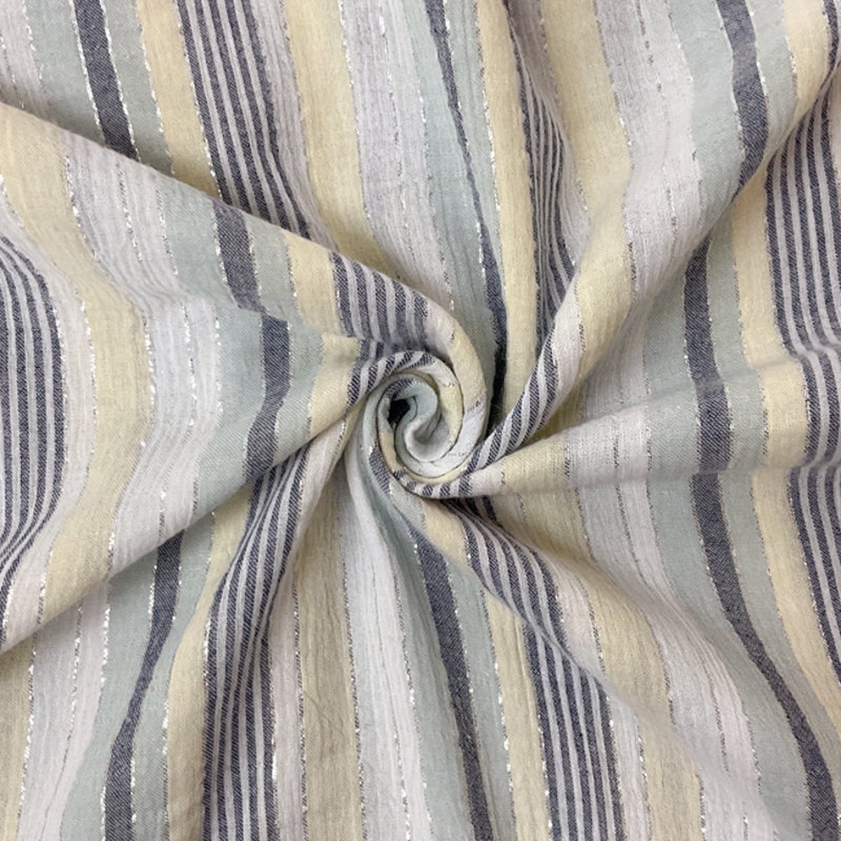 yellow-navy-silver-cotton-lurex-stripe-gauze-woven-fabric