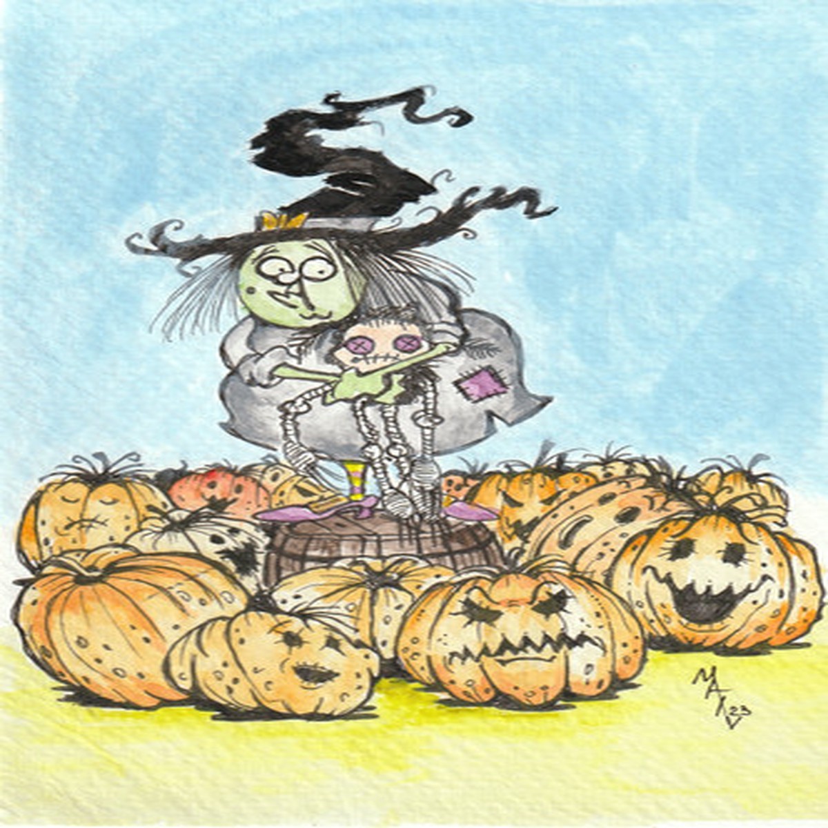 watercolor-painting-aquarelle-art-sketch-cathrin-witch-and-pumpkins