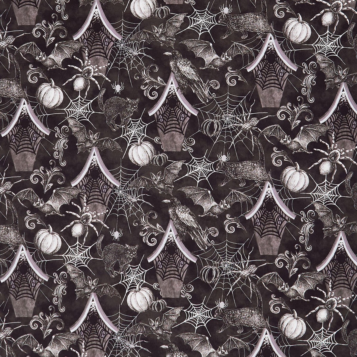 fear-factory-haunted-house-and-motif-allover-black-yardage
